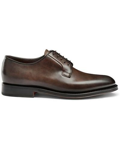 Santoni Polished Leather Derby Shoe Dark - Brown