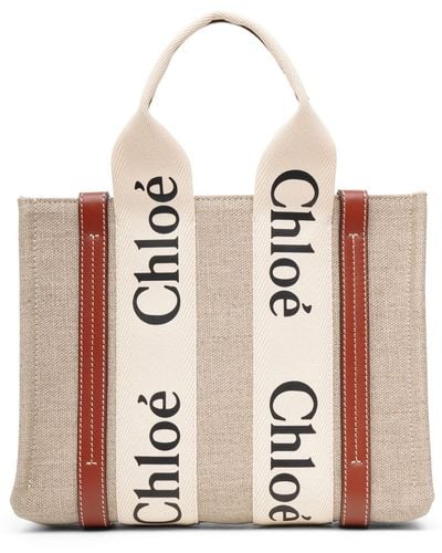Chloé Woody Small White Brown Canvas Bag - Pink