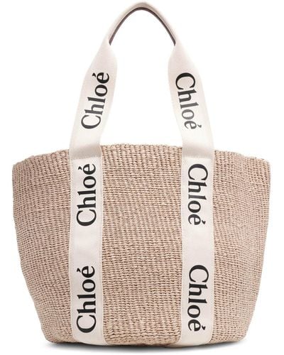 Chloé Woody Logo White Raffia Bag - Natural