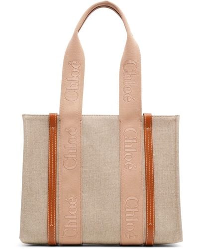 Chloé Woody Medium Beige Canvas Bag - Natural