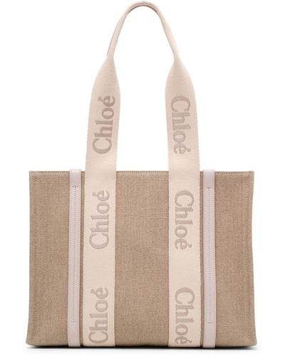 Chloé Woody Wild Grey Medium Tote Bag - Natural