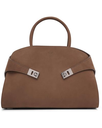 Ferragamo Hug Brown Nubuck Medium Top Handle Bag