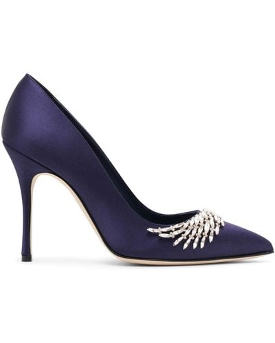 Manolo Blahnik Pluma 105 Navy Satin Jewelled Court Shoes - Blue