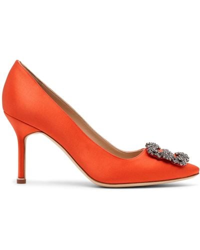 Manolo Blahnik Hangisi 90 Coral Satin Court Shoes - Red