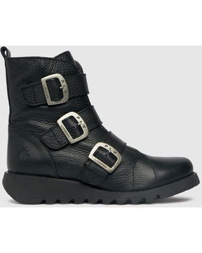 Fly London Sach Triple Buckle Boots In - Black