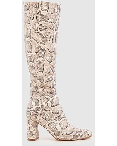 Schuh Dakota Snake Heeled Knee Boots In White & Beige - Natural