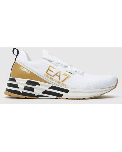 EA7 Crusher Distance Knit Trainers In White & Gold