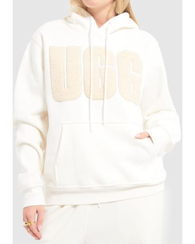 UGG Rey Fluff Logo Hoodie In White & Beige