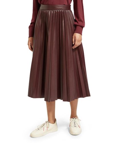 Scotch & Soda Faux Leather Pleated High Rise Midi Skirt - Brown