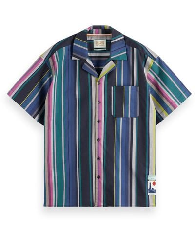 Scotch & Soda 'Multicolour Striped Fine Cotton Poplin Hawaii Shirt - Blue