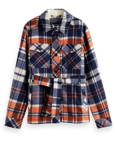 Scotch & Soda Wool Blend Checked Belted Overshirt - Blue