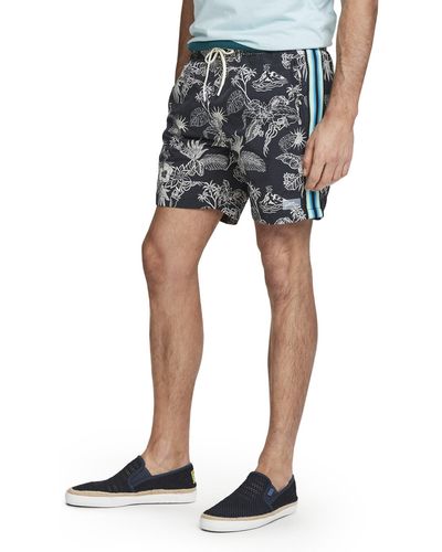 Scotch & Soda Printed Swim Shorts With Side Tapes - Blue