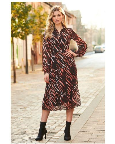 Printed Tie Waist Midi Tiered Shirt Dress, SOSANDAR