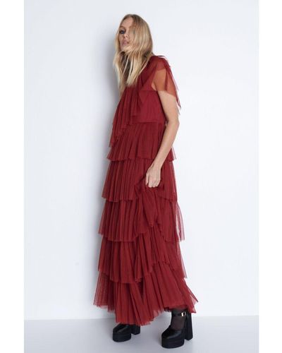 Warehouse Tulle Asymmetric Ruffle Maxi Dress - Red