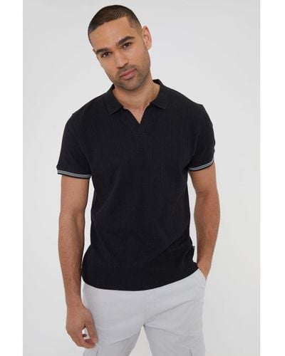 Threadbare Black 'tucson' Textured Knit Open Collar Polo Shirt