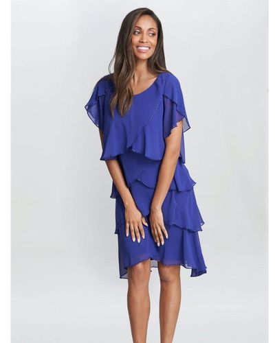 Gina Bacconi Trysta Bugle Beaded Trim Tiered Cocktail Dress With Flitter Sleeves - Blue