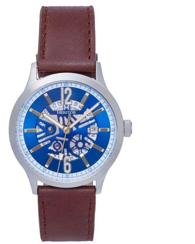 Heritor Dayne Leather-Band Watch W/Date - Blue