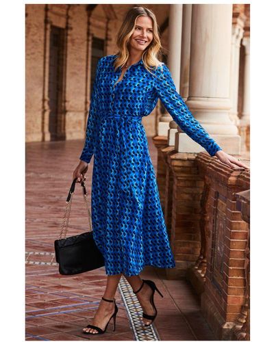 Sosandar Geometric Print Belted Midi Shirt Dress - Blue