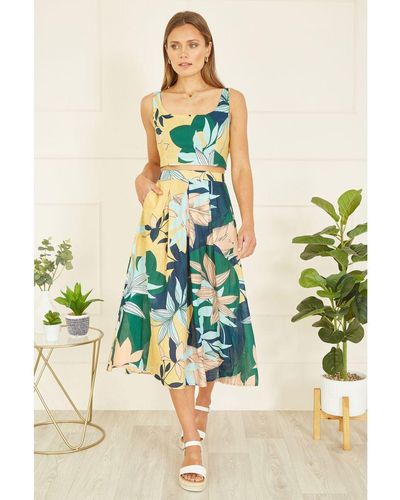 Yumi' Organic Cotton Leaf Print Midi Skirt - Multicolour