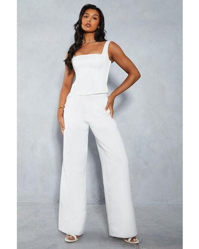 MissPap Premium Pleat Detail High Waisted Wide Leg Trouser - White