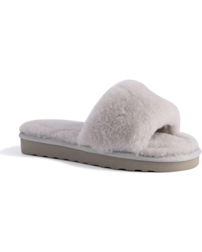 Aus Wooli Australia Sheepskin Fluff Slide Slippers Leather - Grey