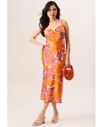 Gini London Floral Print Cowl Neck Slip Midi Dress - Orange