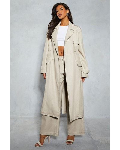 MissPap Leather Look Longline Belted Trench Coat - Grey