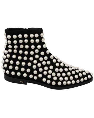 Dolce & Gabbana Suede Pearl Studs Boots Shoes - Black