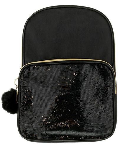 Wynsors Large Backpack Sequin Pocket Pom Pom Zip Fastening Canvas - Black