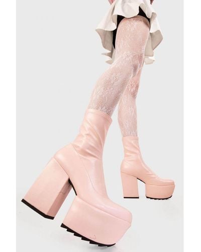LAMODA Ankle Boots Pretty Please Round Toe Platform Heels With Zipper - Pink