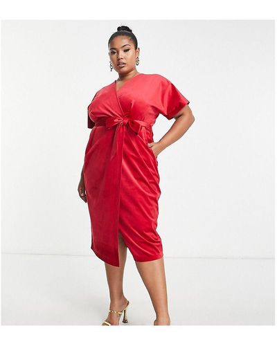 Closet Plus Kimono Sleeve Velvet Midi Dress With Wrap Tie - Red
