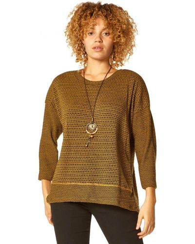 Roman Textured Top With Necklace - Brown
