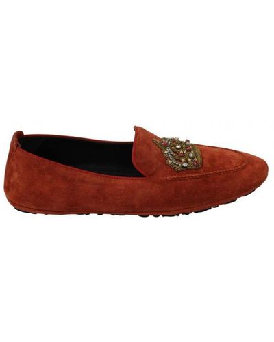 Dolce & Gabbana Orange Leather Moccasins Crystal Crown Slippers Shoes - Brown