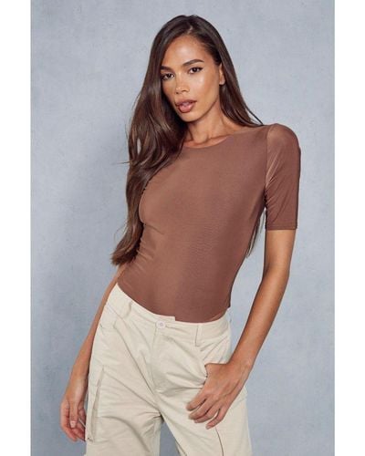MissPap Double Layer Slinky High Neck Short Sleeve Bodysuit - Brown