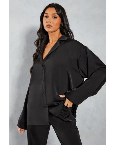 MissPap Satin Revere Collar Oversized Shirt - Black