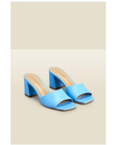 Sosandar Fern Azure Leather Block Heel Mules - Blue
