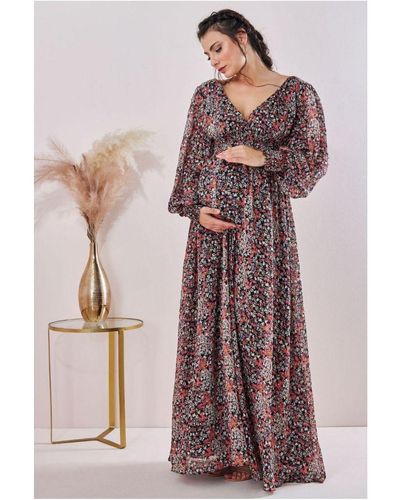 Goddiva Maternity Long Sleeve Maxi Print - Brown