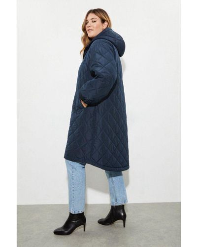 Dorothy Perkins Curve Oversized Hooded Diamond Quilted Parka Coat - Blue