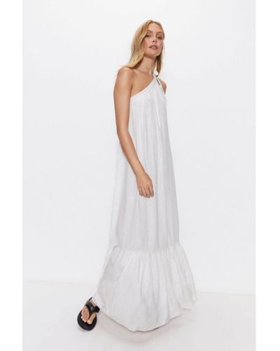 Warehouse Linen One Shoulder Tiered Maxi Dress Viscose - White