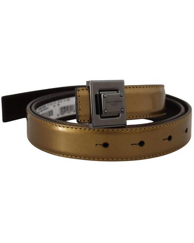Dolce & Gabbana Gold Leather Silver Square Metal Buckle Belt - Brown