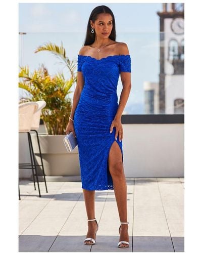 Sosandar Cobalt Luxe Lace Bardot Midi Jersey Dress - Blue