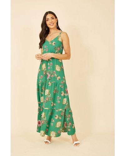 Yumi' Floral Strappy Tiered Maxi Dress - Green