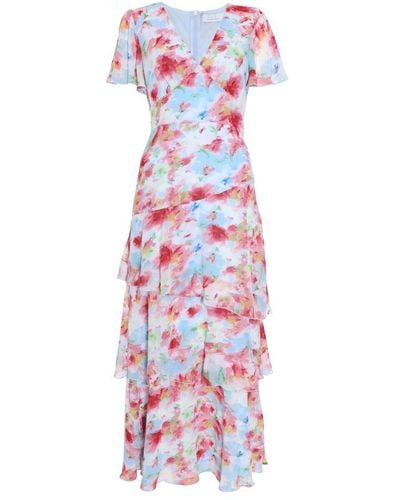 Quiz Multicoloured Chiffon Floral Frill Maxi Dress - White