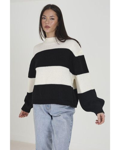 Brave Soul 'Mollie' Crew Neck Striped Jumper With Balloon Sleeves - White