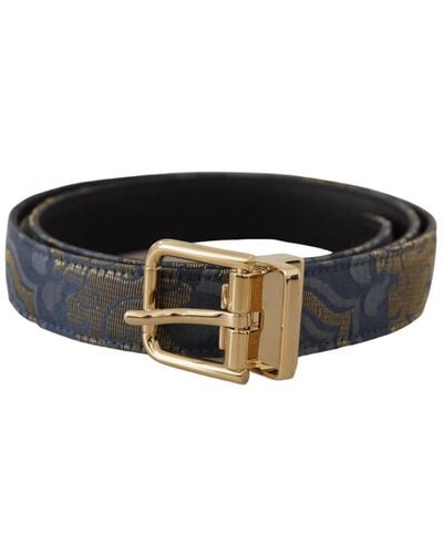 Dolce & Gabbana Navy Blue Jacquard Gold Tone Logo Metal Buckle Belt Leather - Black