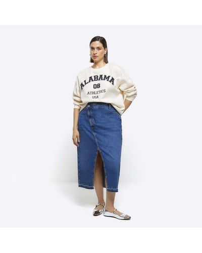 River Island Maxi Skirt Plus Blue Asymmetric Waist Denim Cotton