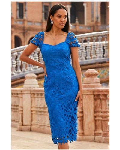 Sosandar Cobalt Luxe Lace Detail Pencil Dress - Blue
