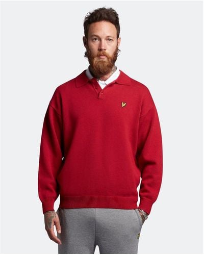 Lyle & Scott Blouson Long Sleeve Knitted Polo Shirt Plus Cotton - Red