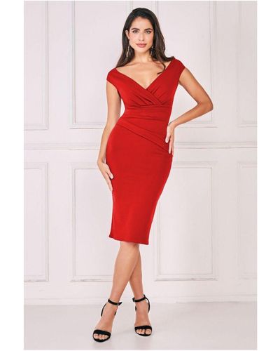 Goddiva Scuba Bardot Pleated Midi Dress - Red