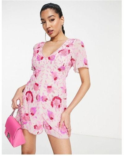 Miss Selfridge Premium Sequin Angel Sleeve Backless Playsuit - Pink